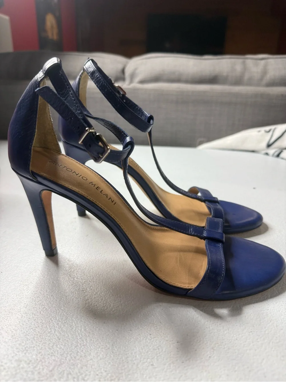 Antonio Melani Navy Blue Leather T Strap Heels Sandals Women’s Size 8M